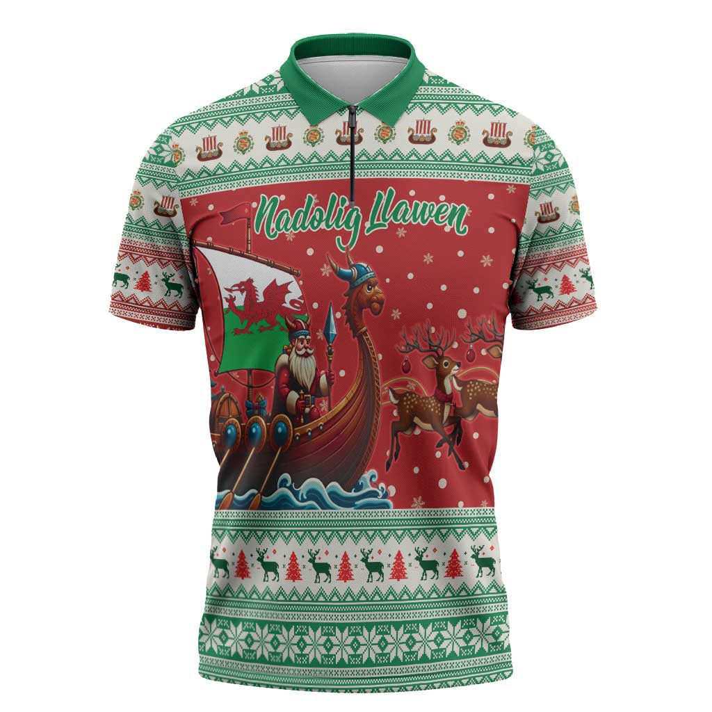 Wales Viking Santa Christmas Zipper Polo Shirt Funny Reindeer Norse Xmas - Wonder Print Shop