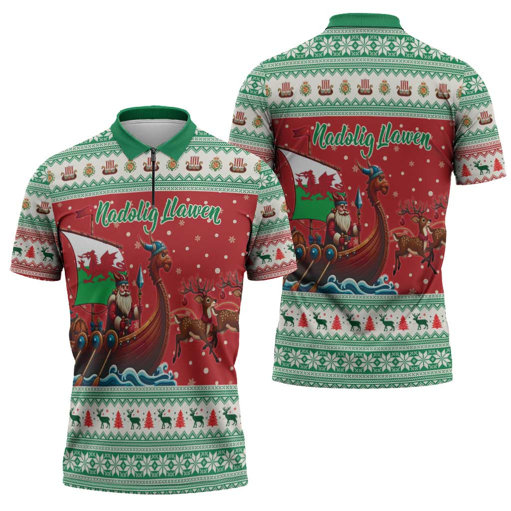 Wales Viking Santa Christmas Zipper Polo Shirt Funny Reindeer Norse Xmas - Wonder Print Shop