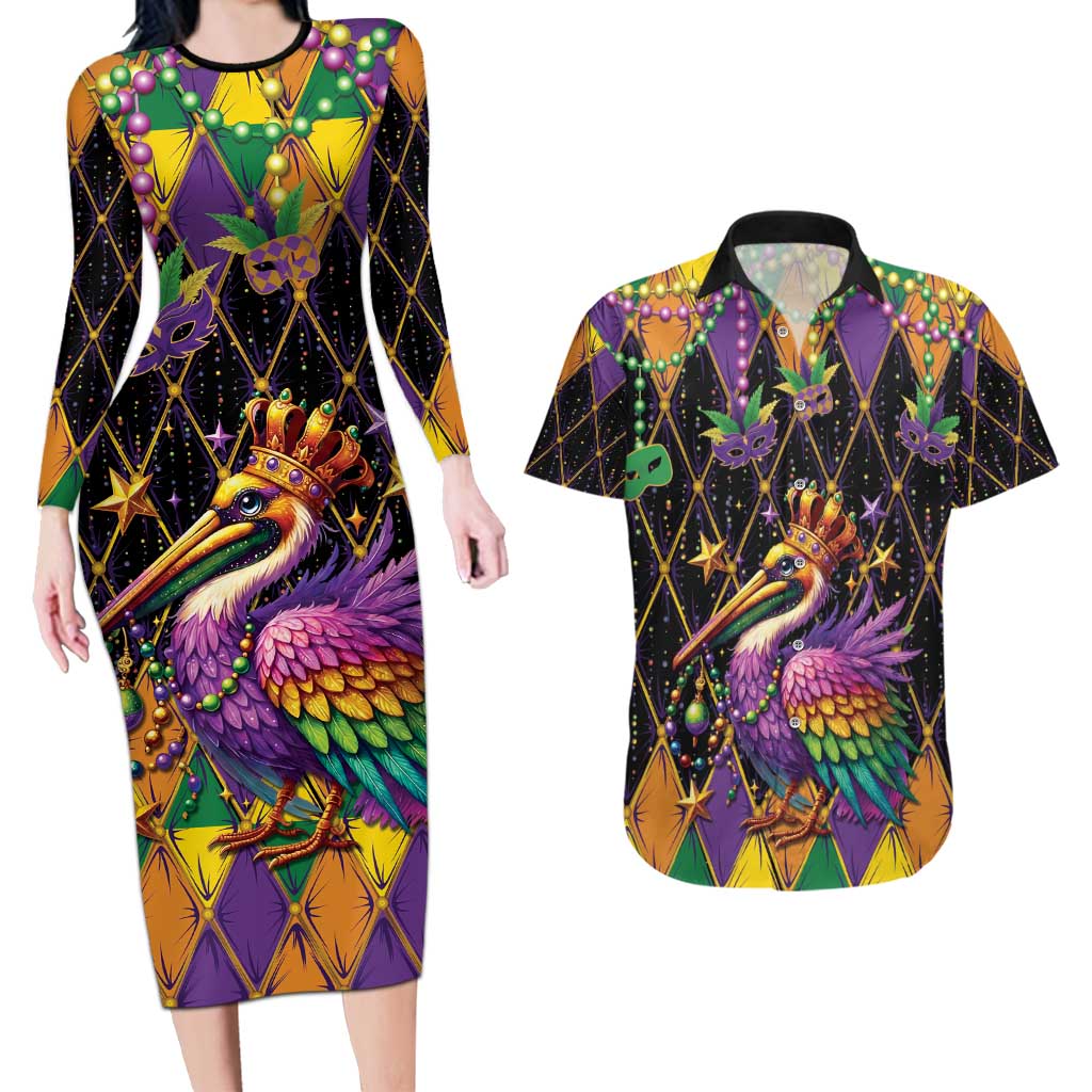 Pelican Mardi Gras Carnival Couples Matching Long Sleeve Bodycon Dress and Hawaiian Shirt Fat Tuesday - Wonder Print Shop