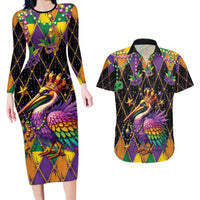 Pelican Mardi Gras Carnival Couples Matching Long Sleeve Bodycon Dress and Hawaiian Shirt Fat Tuesday - Wonder Print Shop
