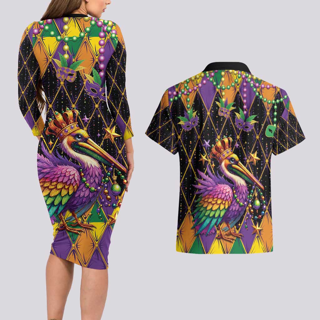 Pelican Mardi Gras Carnival Couples Matching Long Sleeve Bodycon Dress and Hawaiian Shirt Fat Tuesday - Wonder Print Shop