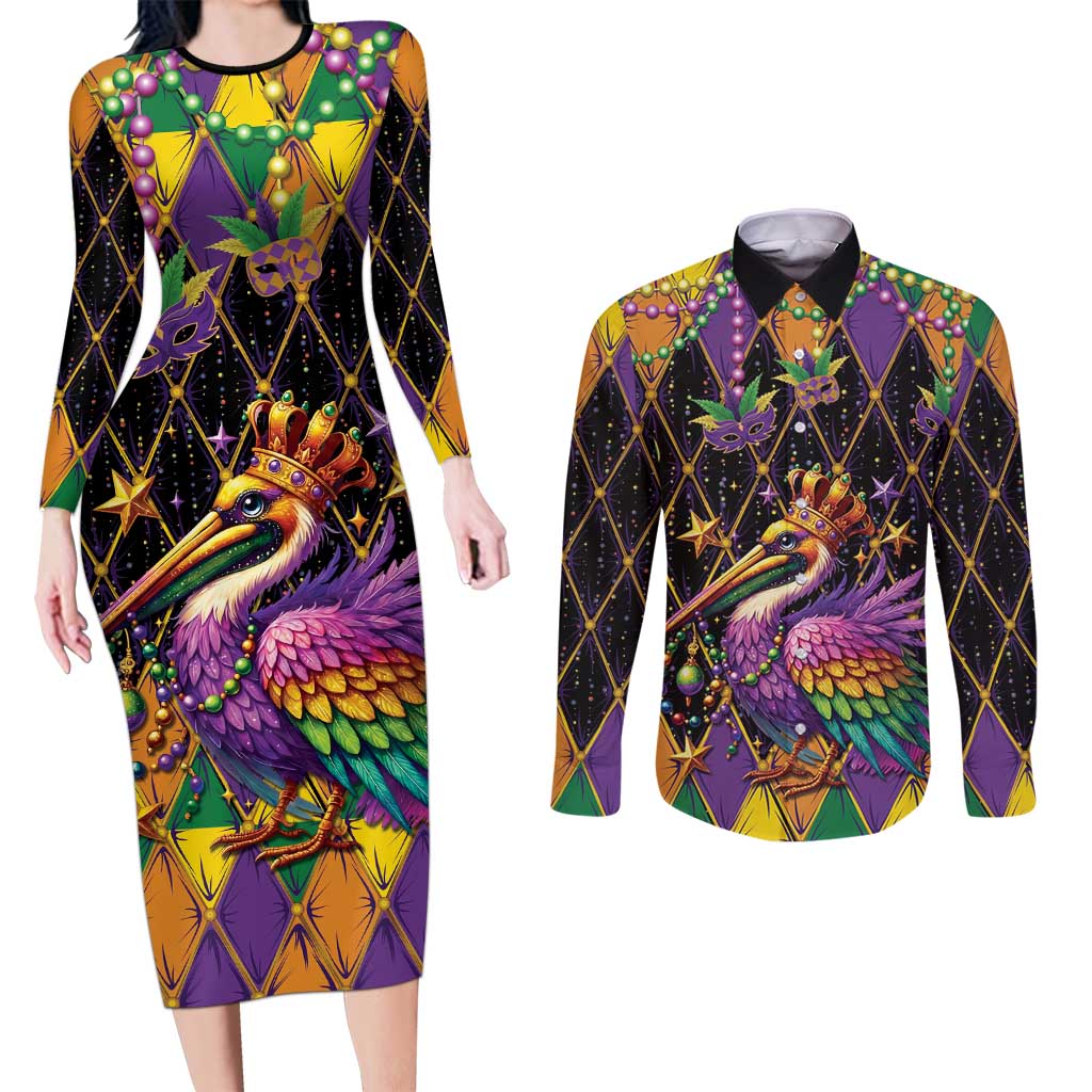 Pelican Mardi Gras Carnival Couples Matching Long Sleeve Bodycon Dress and Long Sleeve Button Shirt Fat Tuesday - Wonder Print Shop