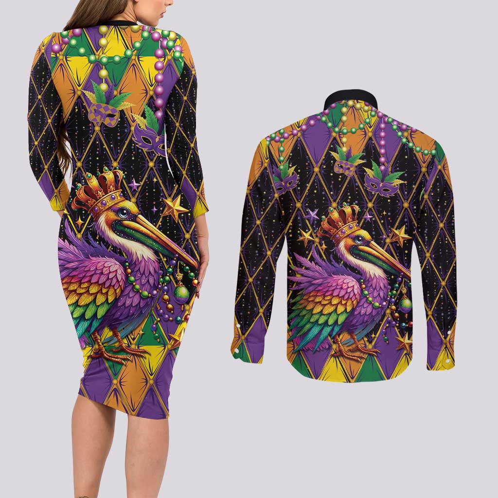 Pelican Mardi Gras Carnival Couples Matching Long Sleeve Bodycon Dress and Long Sleeve Button Shirt Fat Tuesday - Wonder Print Shop