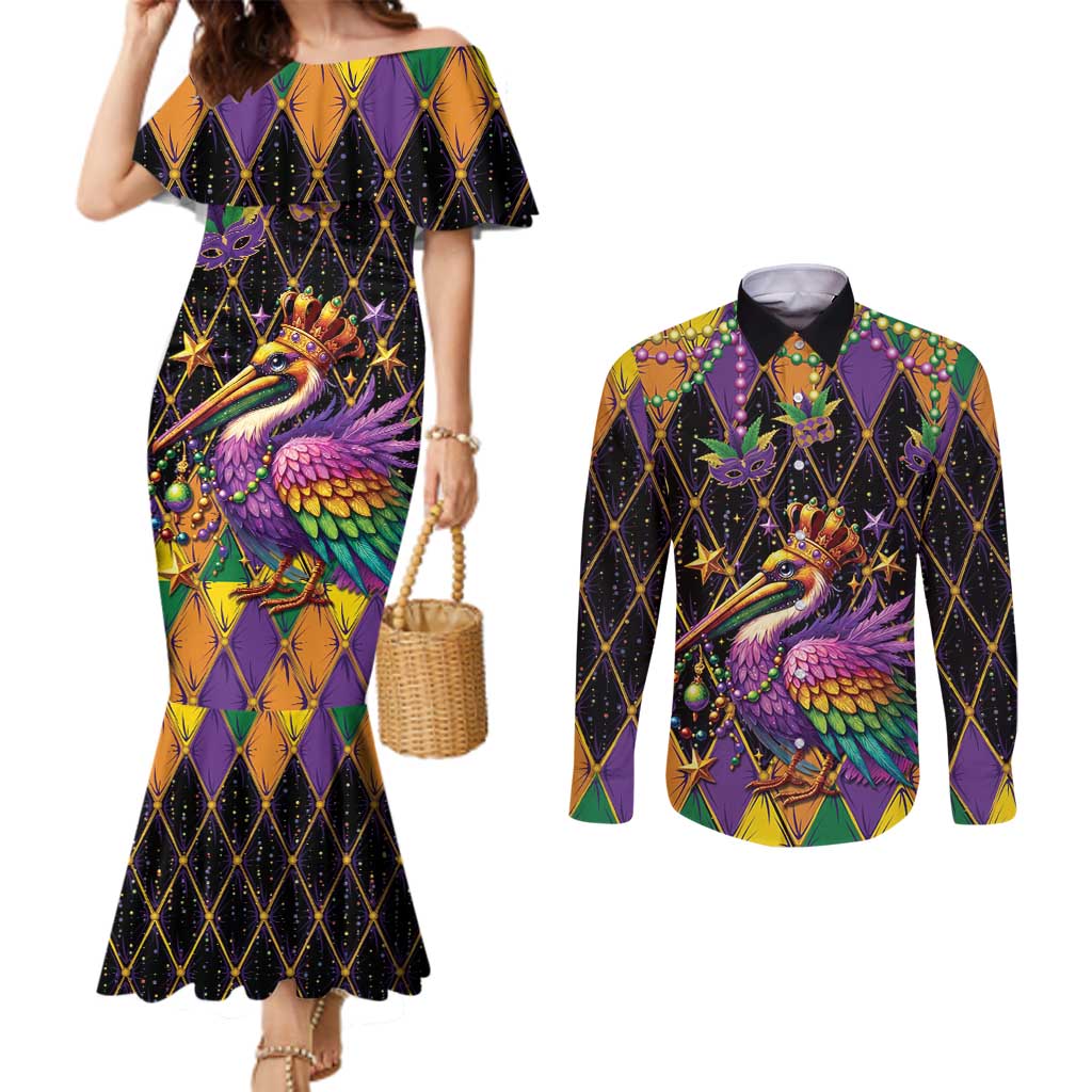 Pelican Mardi Gras Carnival Couples Matching Mermaid Dress and Long Sleeve Button Shirt Fat Tuesday - Wonder Print Shop