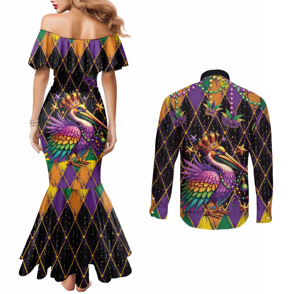 Pelican Mardi Gras Carnival Couples Matching Mermaid Dress and Long Sleeve Button Shirt Fat Tuesday - Wonder Print Shop