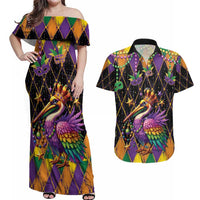 Pelican Mardi Gras Carnival Couples Matching Off Shoulder Maxi Dress and Hawaiian Shirt Fat Tuesday - Wonder Print Shop