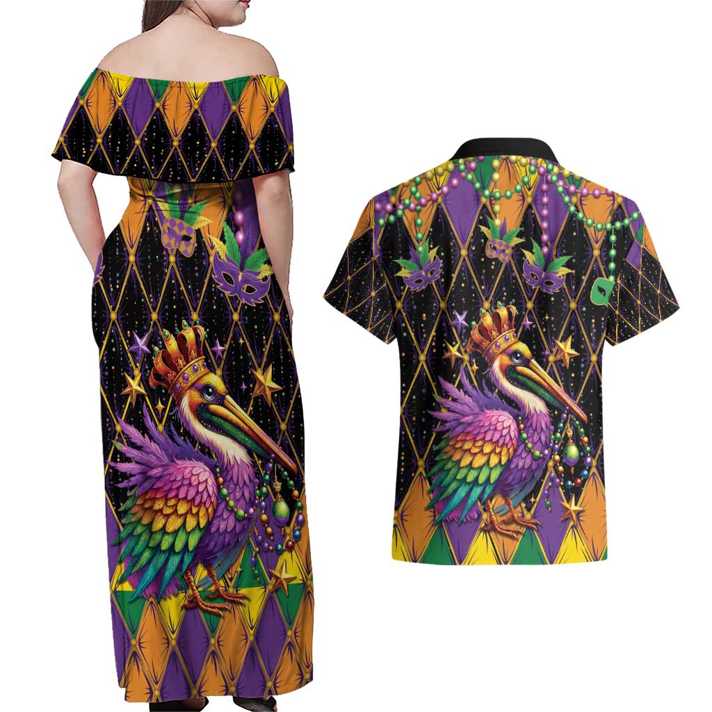 Pelican Mardi Gras Carnival Couples Matching Off Shoulder Maxi Dress and Hawaiian Shirt Fat Tuesday - Wonder Print Shop
