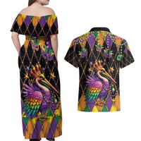 Pelican Mardi Gras Carnival Couples Matching Off Shoulder Maxi Dress and Hawaiian Shirt Fat Tuesday - Wonder Print Shop
