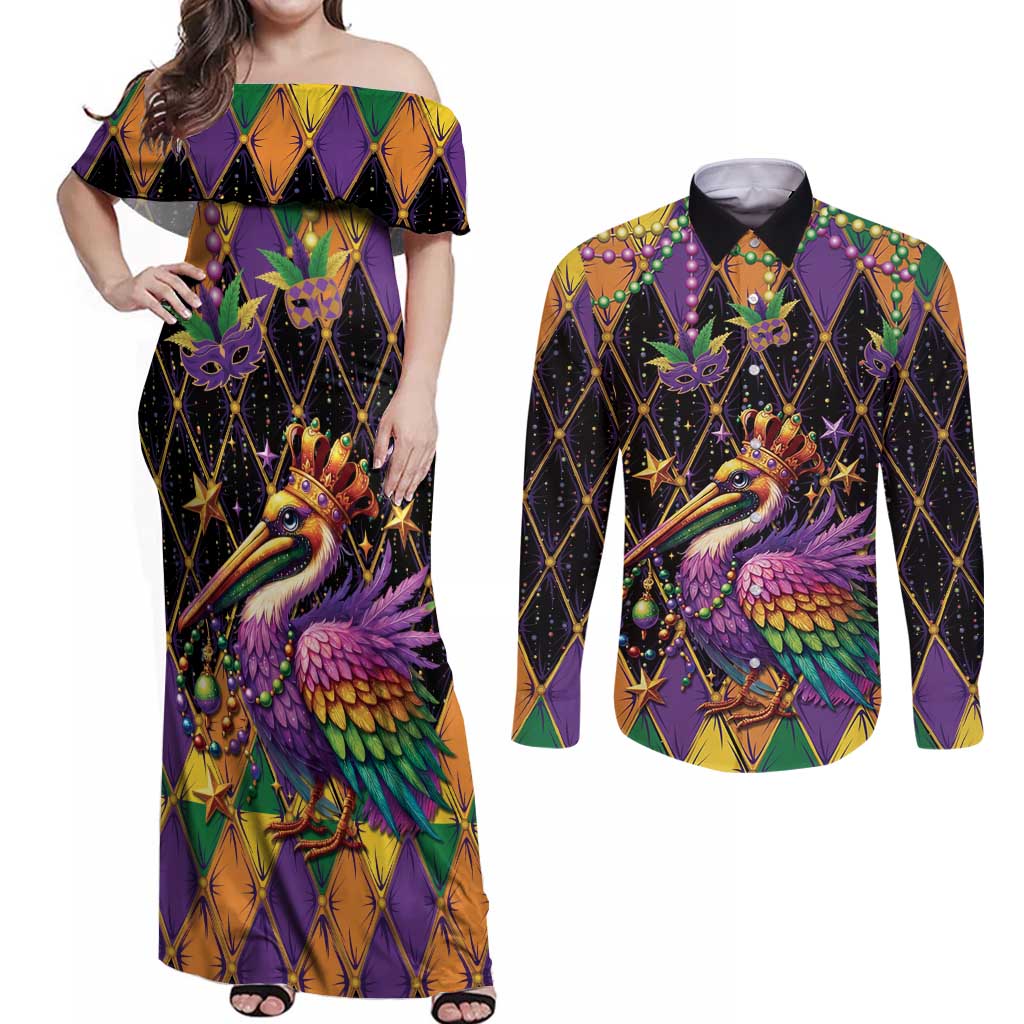 Pelican Mardi Gras Carnival Couples Matching Off Shoulder Maxi Dress and Long Sleeve Button Shirt Fat Tuesday - Wonder Print Shop