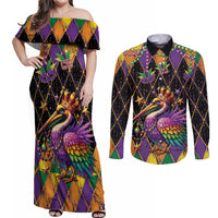Pelican Mardi Gras Carnival Couples Matching Off Shoulder Maxi Dress and Long Sleeve Button Shirt Fat Tuesday - Wonder Print Shop