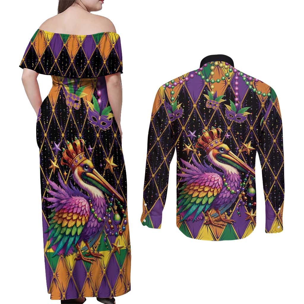 Pelican Mardi Gras Carnival Couples Matching Off Shoulder Maxi Dress and Long Sleeve Button Shirt Fat Tuesday - Wonder Print Shop