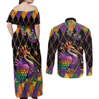 Pelican Mardi Gras Carnival Couples Matching Off Shoulder Maxi Dress and Long Sleeve Button Shirt Fat Tuesday - Wonder Print Shop