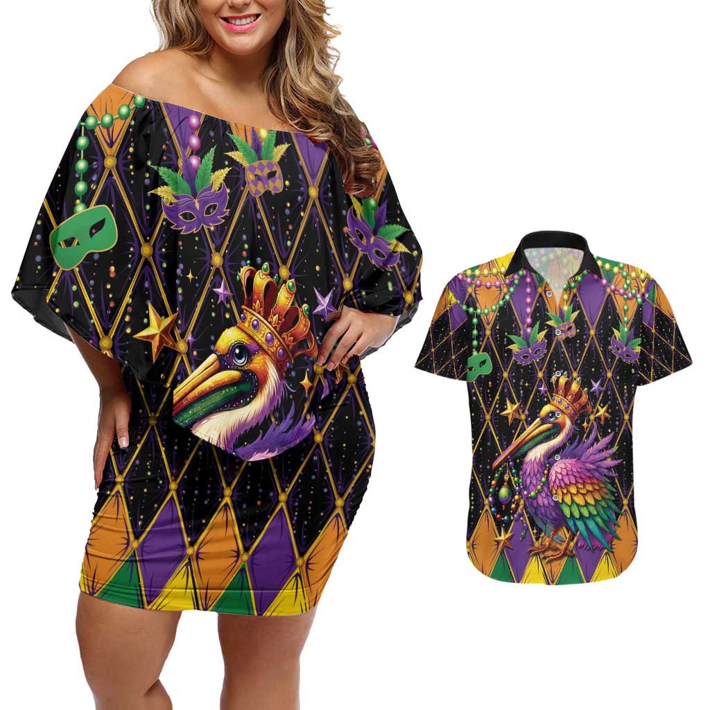 Pelican Mardi Gras Carnival Couples Matching Off Shoulder Short Dress and Hawaiian Shirt Fat Tuesday - Wonder Print Shop