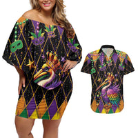 Pelican Mardi Gras Carnival Couples Matching Off Shoulder Short Dress and Hawaiian Shirt Fat Tuesday - Wonder Print Shop
