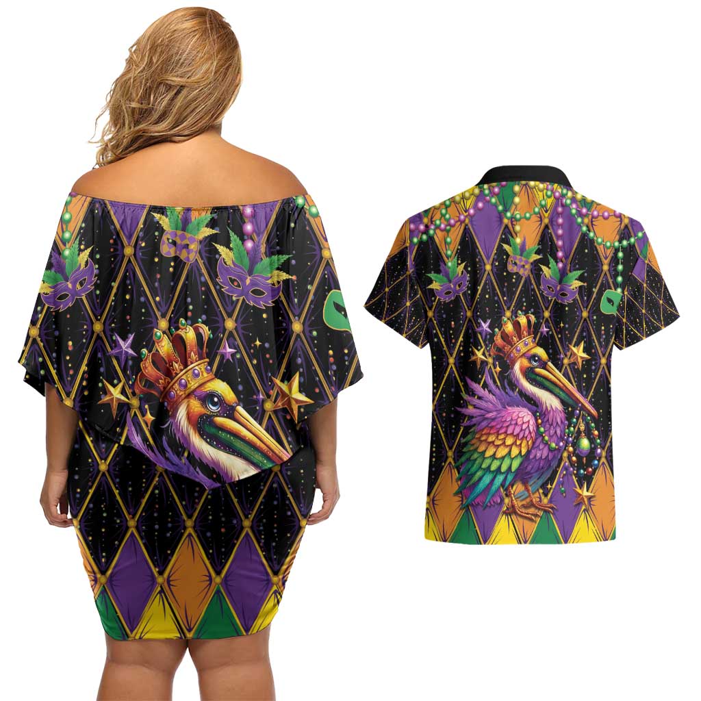 Pelican Mardi Gras Carnival Couples Matching Off Shoulder Short Dress and Hawaiian Shirt Fat Tuesday - Wonder Print Shop