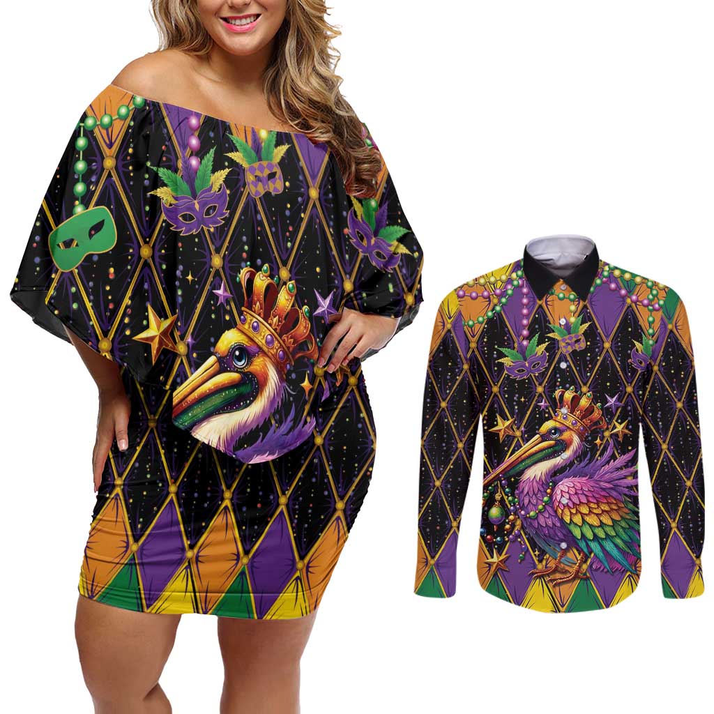 Pelican Mardi Gras Carnival Couples Matching Off Shoulder Short Dress and Long Sleeve Button Shirt Fat Tuesday - Wonder Print Shop