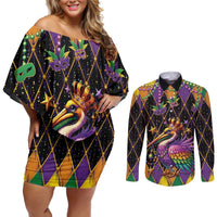 Pelican Mardi Gras Carnival Couples Matching Off Shoulder Short Dress and Long Sleeve Button Shirt Fat Tuesday - Wonder Print Shop