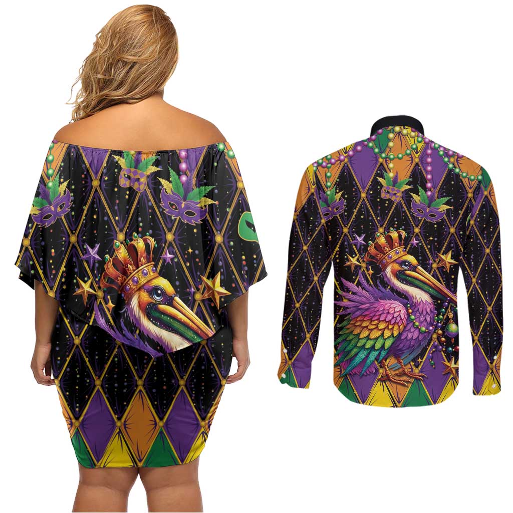 Pelican Mardi Gras Carnival Couples Matching Off Shoulder Short Dress and Long Sleeve Button Shirt Fat Tuesday - Wonder Print Shop
