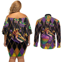 Pelican Mardi Gras Carnival Couples Matching Off Shoulder Short Dress and Long Sleeve Button Shirt Fat Tuesday - Wonder Print Shop