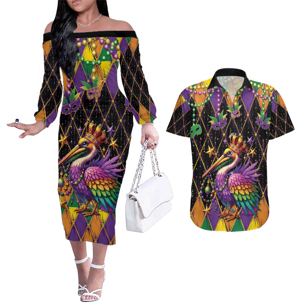 Pelican Mardi Gras Carnival Couples Matching Off The Shoulder Long Sleeve Dress and Hawaiian Shirt Fat Tuesday - Wonder Print Shop