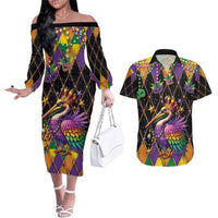 Pelican Mardi Gras Carnival Couples Matching Off The Shoulder Long Sleeve Dress and Hawaiian Shirt Fat Tuesday - Wonder Print Shop