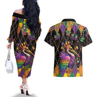 Pelican Mardi Gras Carnival Couples Matching Off The Shoulder Long Sleeve Dress and Hawaiian Shirt Fat Tuesday - Wonder Print Shop