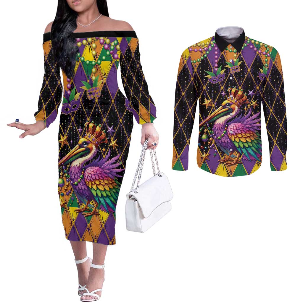 Pelican Mardi Gras Carnival Couples Matching Off The Shoulder Long Sleeve Dress and Long Sleeve Button Shirt Fat Tuesday - Wonder Print Shop