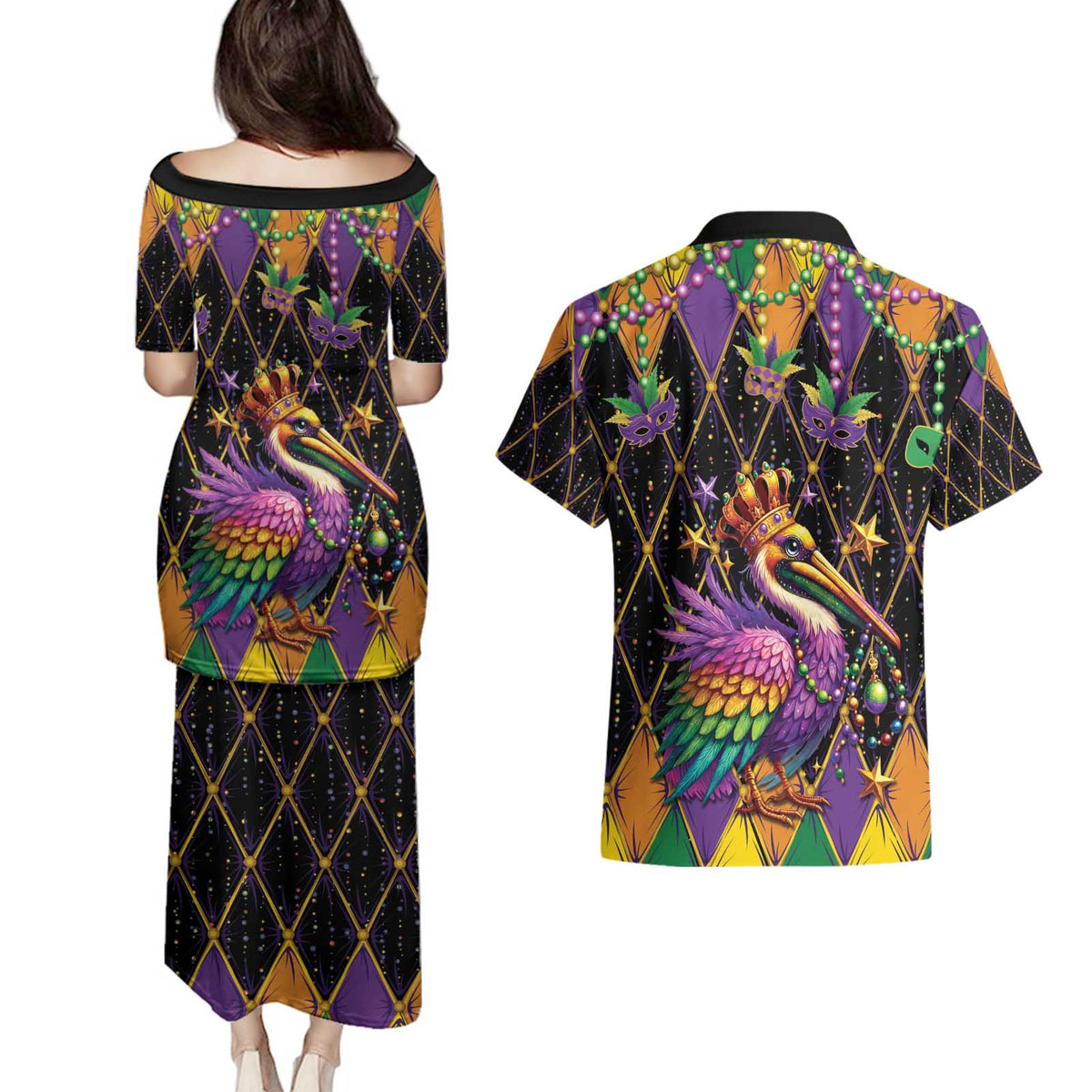Pelican Mardi Gras Carnival Couples Matching Puletasi and Hawaiian Shirt Fat Tuesday - Wonder Print Shop