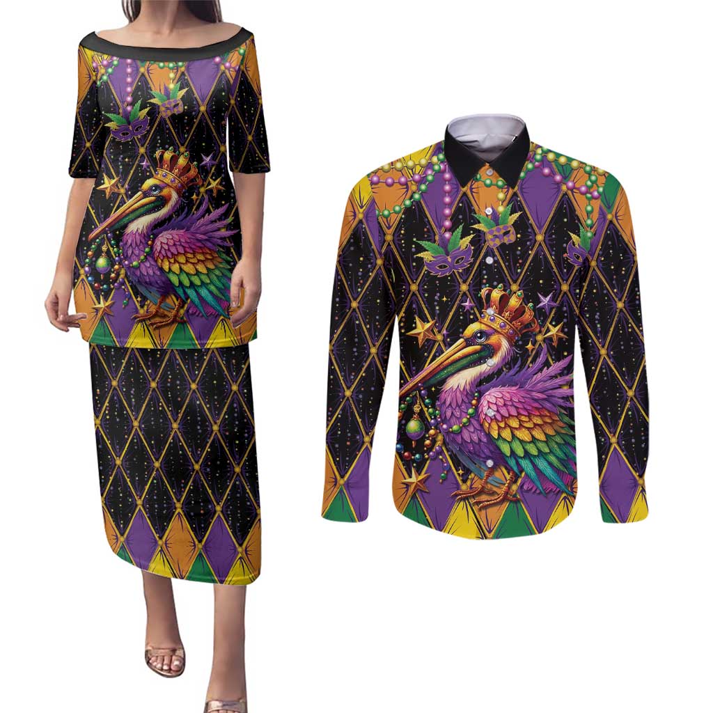 Pelican Mardi Gras Carnival Couples Matching Puletasi and Long Sleeve Button Shirt Fat Tuesday - Wonder Print Shop
