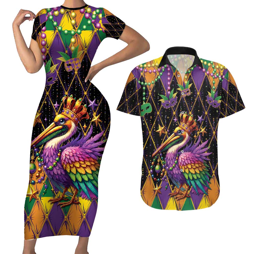 Pelican Mardi Gras Carnival Couples Matching Short Sleeve Bodycon Dress and Hawaiian Shirt Fat Tuesday - Wonder Print Shop