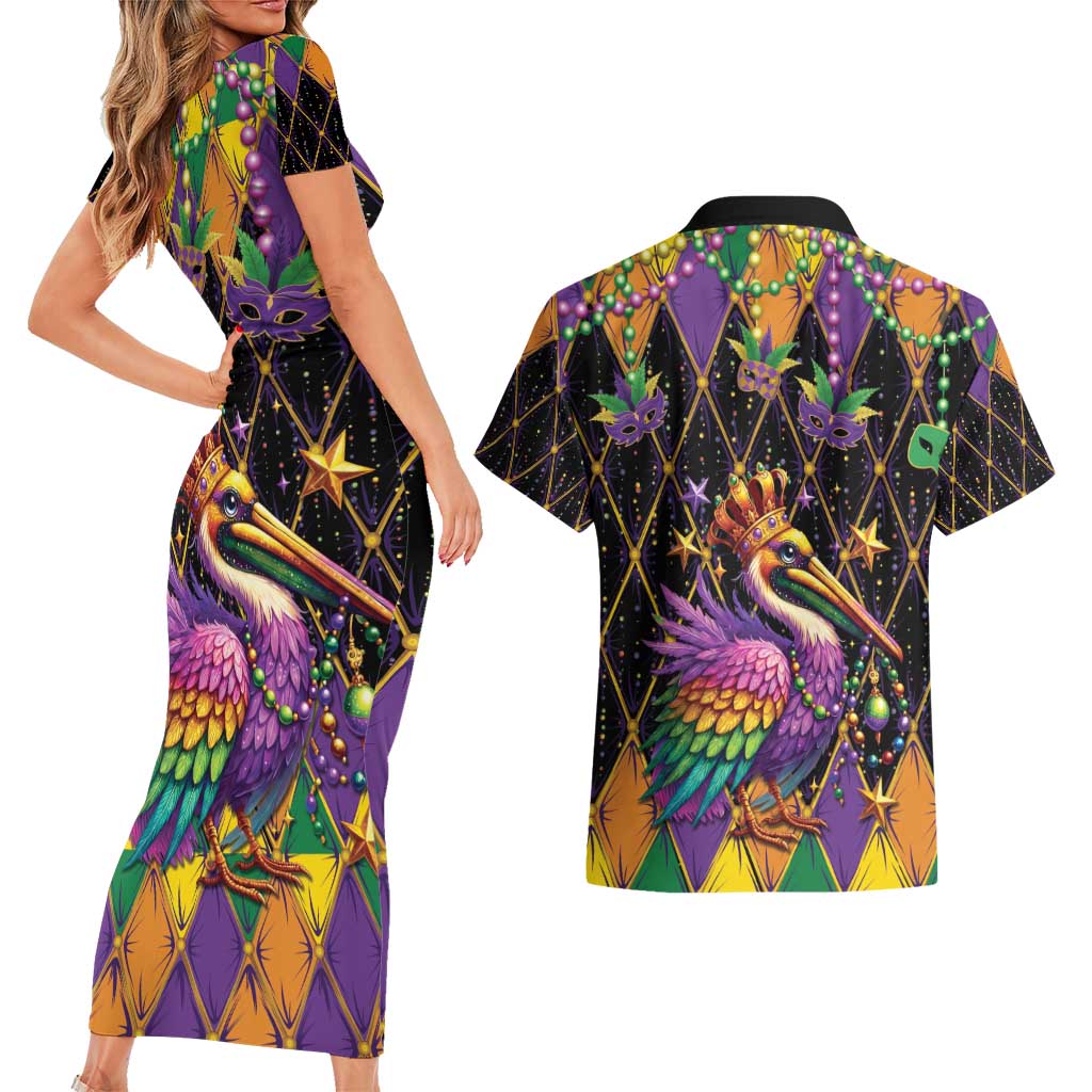Pelican Mardi Gras Carnival Couples Matching Short Sleeve Bodycon Dress and Hawaiian Shirt Fat Tuesday - Wonder Print Shop