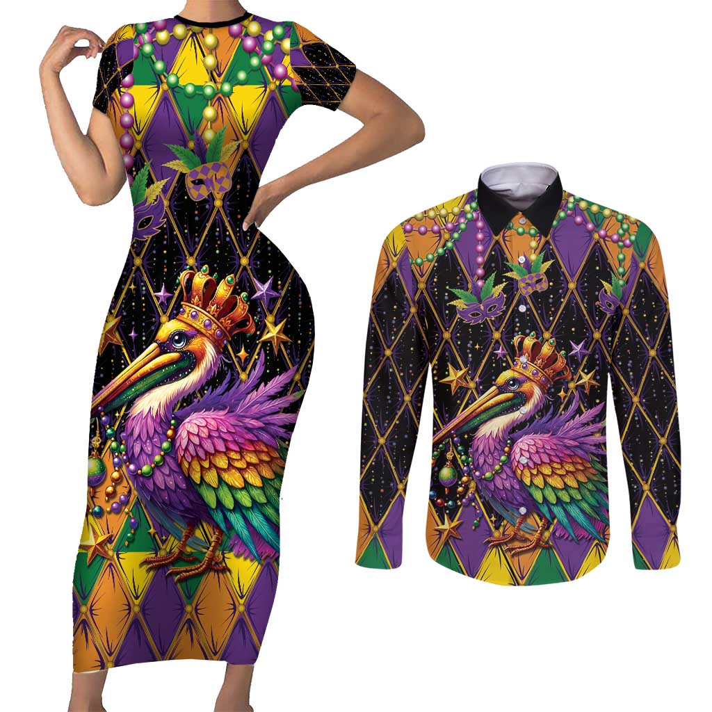 Pelican Mardi Gras Carnival Couples Matching Short Sleeve Bodycon Dress and Long Sleeve Button Shirt Fat Tuesday - Wonder Print Shop