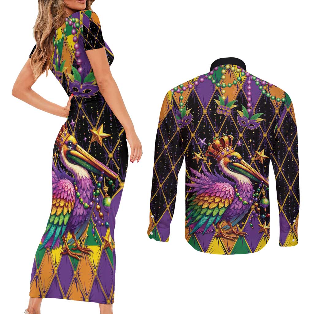 Pelican Mardi Gras Carnival Couples Matching Short Sleeve Bodycon Dress and Long Sleeve Button Shirt Fat Tuesday - Wonder Print Shop
