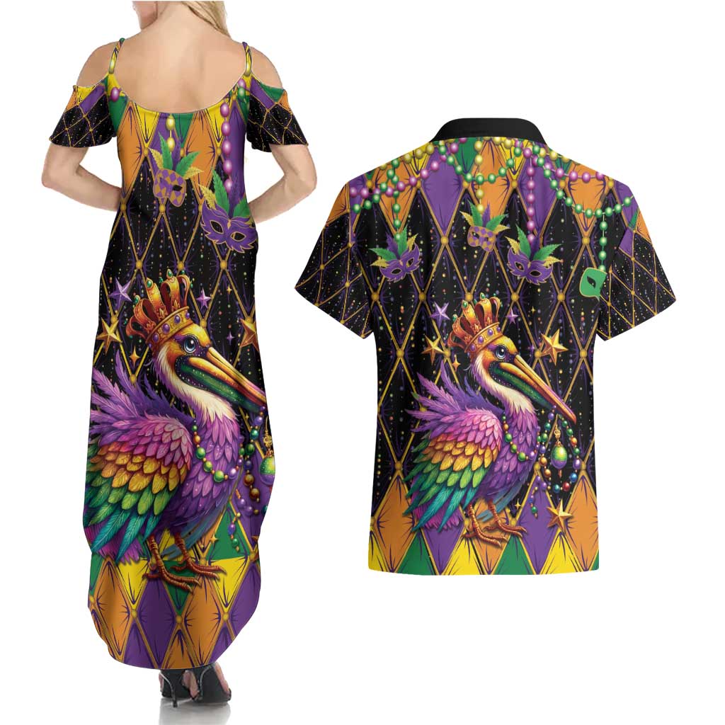 Pelican Mardi Gras Carnival Couples Matching Summer Maxi Dress and Hawaiian Shirt Fat Tuesday - Wonder Print Shop