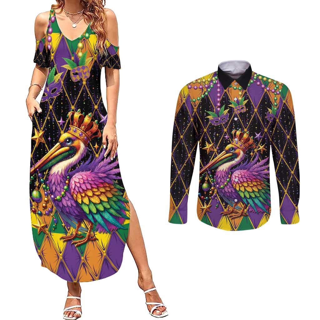 Pelican Mardi Gras Carnival Couples Matching Summer Maxi Dress and Long Sleeve Button Shirt Fat Tuesday - Wonder Print Shop