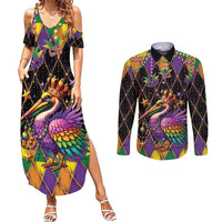 Pelican Mardi Gras Carnival Couples Matching Summer Maxi Dress and Long Sleeve Button Shirt Fat Tuesday - Wonder Print Shop