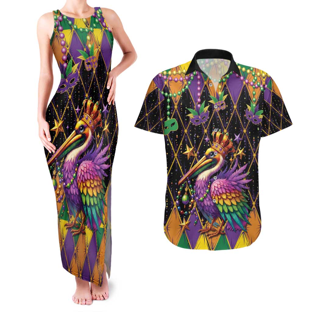 Pelican Mardi Gras Carnival Couples Matching Tank Maxi Dress and Hawaiian Shirt Fat Tuesday - Wonder Print Shop