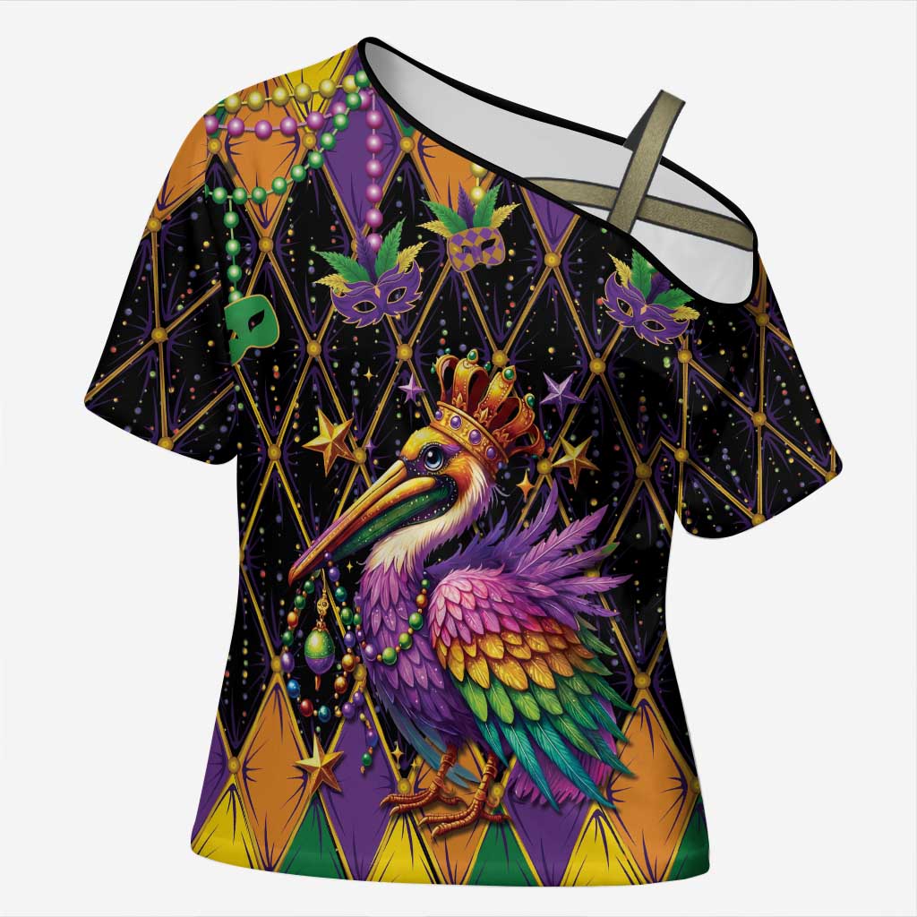 Pelican Mardi Gras Carnival Cross Shoulder Shirt Fat Tuesday - Wonder Print Shop
