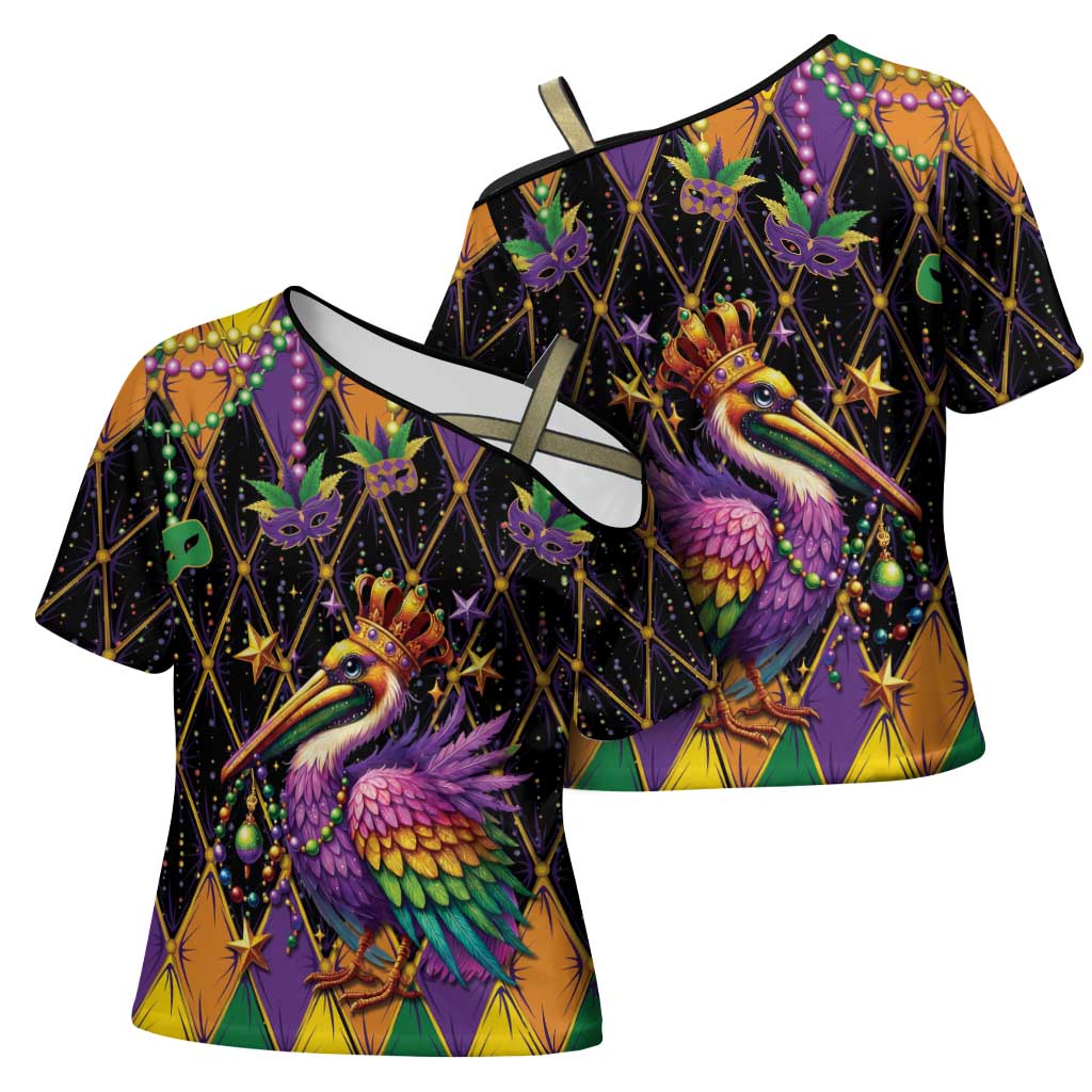 Pelican Mardi Gras Carnival Cross Shoulder Shirt Fat Tuesday - Wonder Print Shop