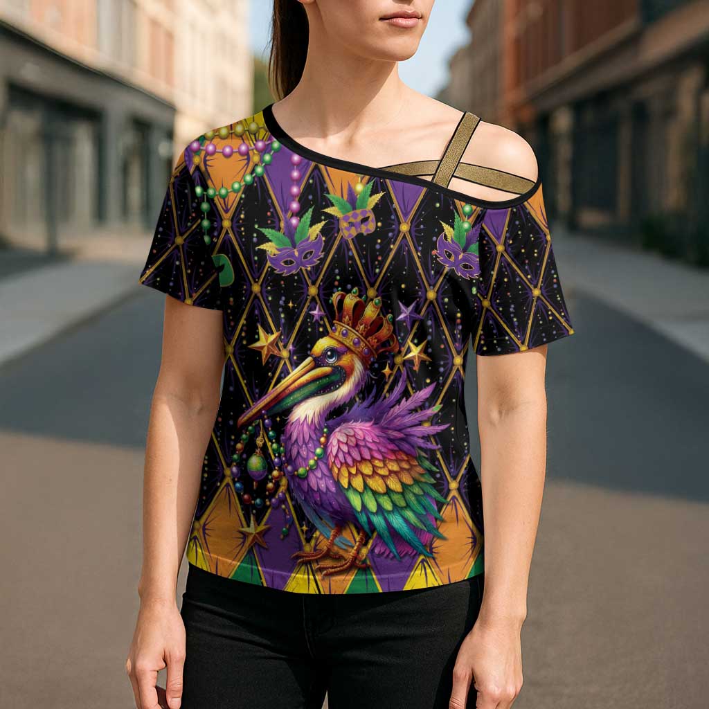 Pelican Mardi Gras Carnival Cross Shoulder Shirt Fat Tuesday - Wonder Print Shop