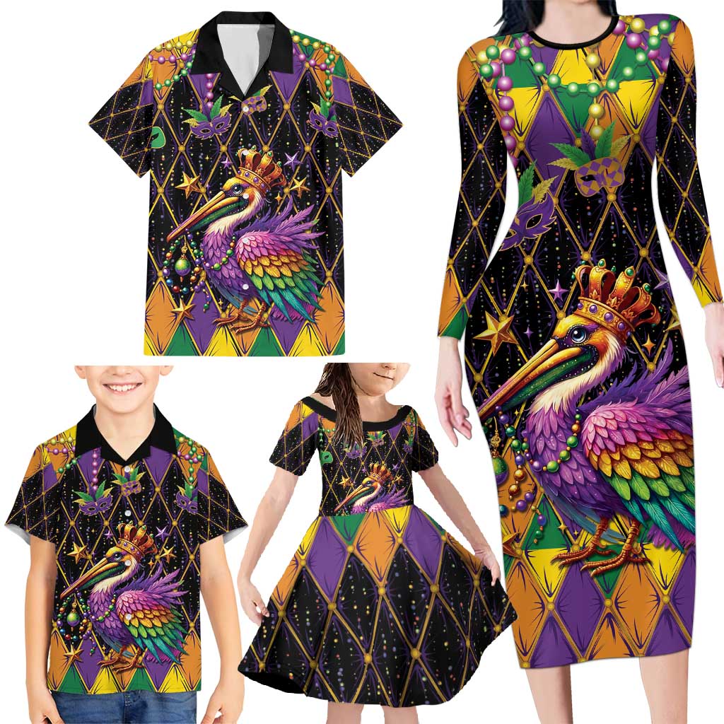 Pelican Mardi Gras Carnival Family Matching Long Sleeve Bodycon Dress and Hawaiian Shirt Fat Tuesday - Wonder Print Shop