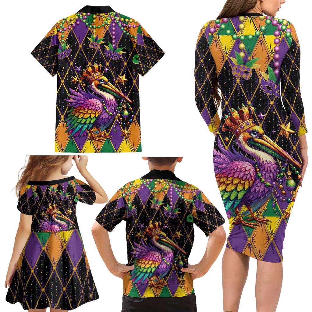 Pelican Mardi Gras Carnival Family Matching Long Sleeve Bodycon Dress and Hawaiian Shirt Fat Tuesday - Wonder Print Shop