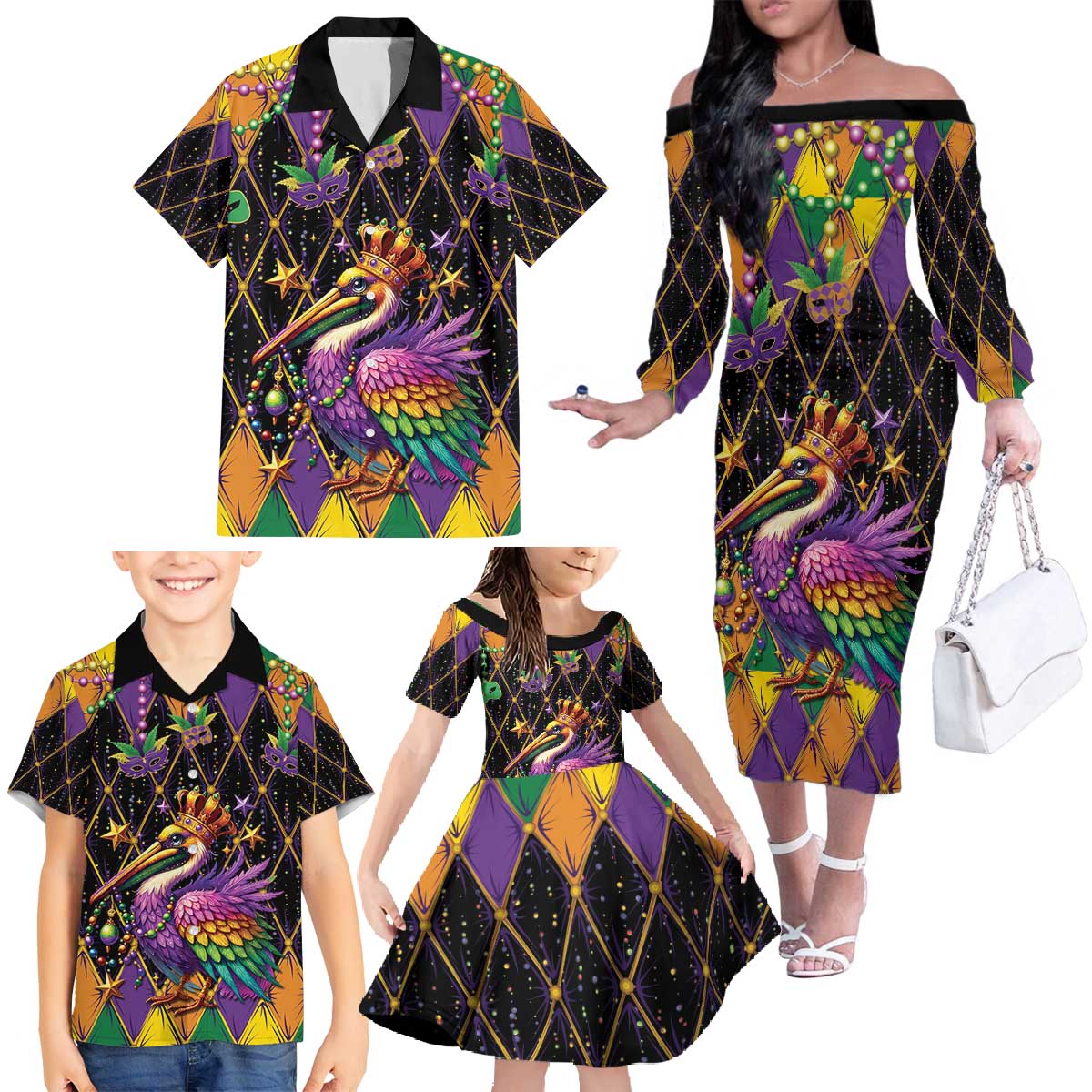 Pelican Mardi Gras Carnival Family Matching Off The Shoulder Long Sleeve Dress and Hawaiian Shirt Fat Tuesday - Wonder Print Shop