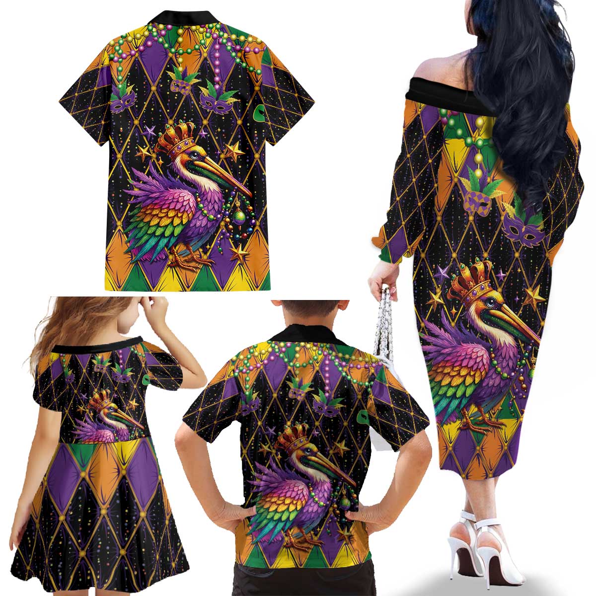 Pelican Mardi Gras Carnival Family Matching Off The Shoulder Long Sleeve Dress and Hawaiian Shirt Fat Tuesday - Wonder Print Shop