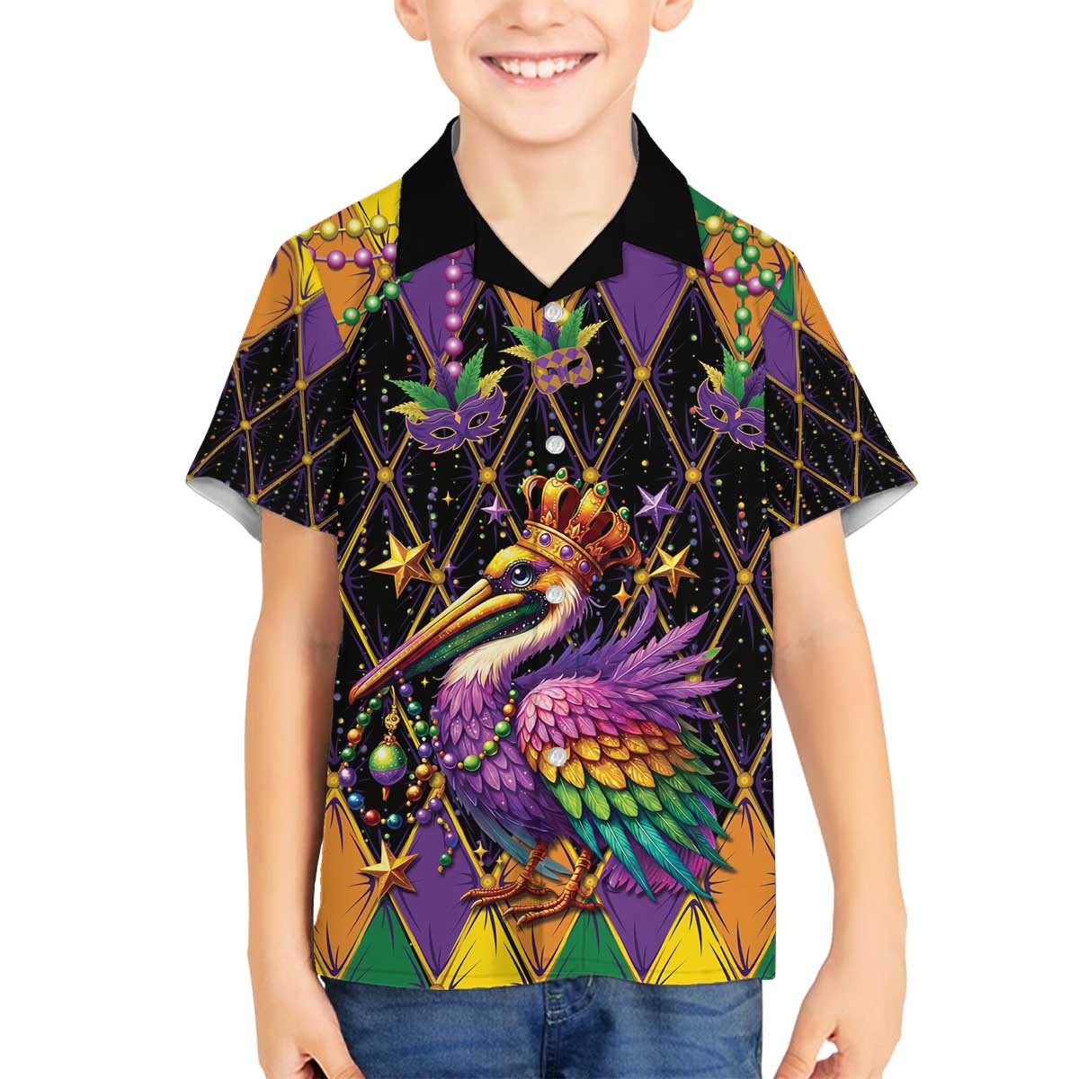 Pelican Mardi Gras Carnival Family Matching Off The Shoulder Long Sleeve Dress and Hawaiian Shirt Fat Tuesday - Wonder Print Shop
