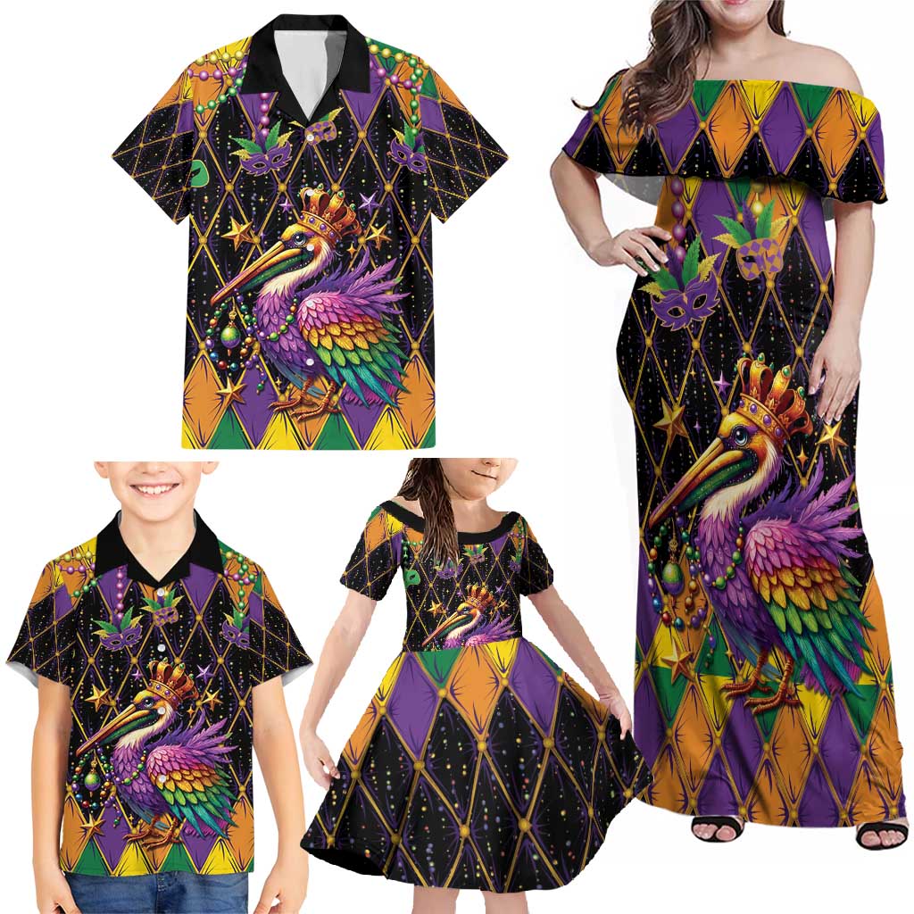 Pelican Mardi Gras Carnival Family Matching Off Shoulder Maxi Dress and Hawaiian Shirt Fat Tuesday - Wonder Print Shop