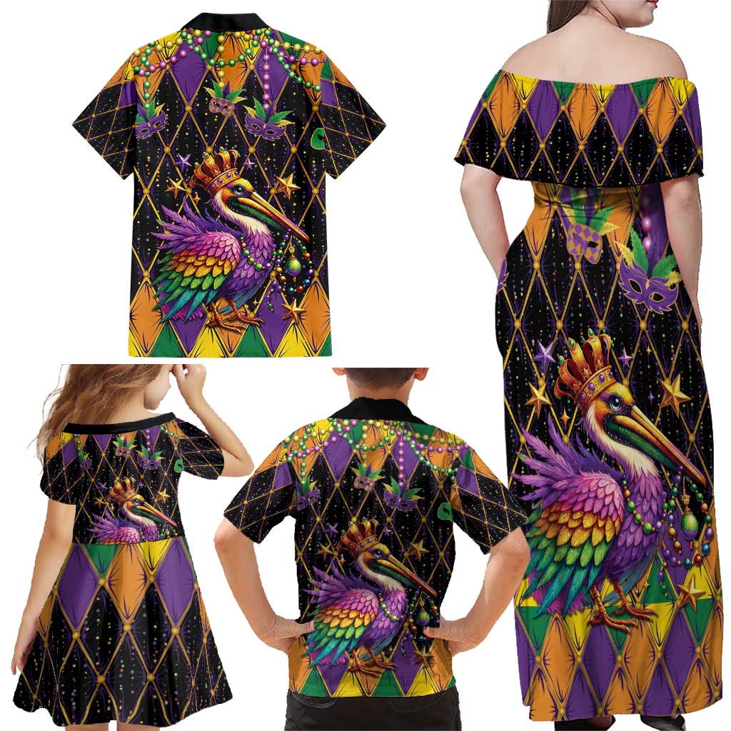 Pelican Mardi Gras Carnival Family Matching Off Shoulder Maxi Dress and Hawaiian Shirt Fat Tuesday - Wonder Print Shop