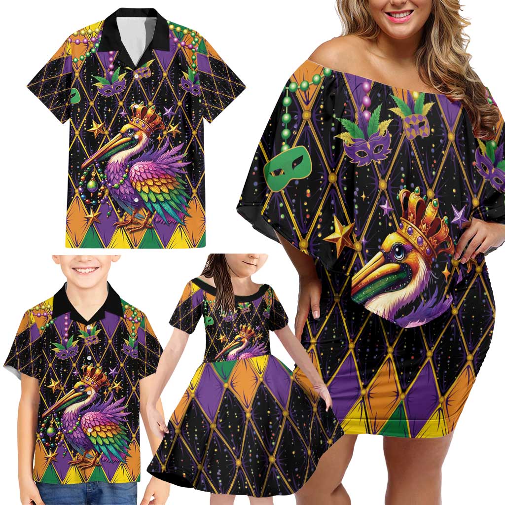 Pelican Mardi Gras Carnival Family Matching Off Shoulder Short Dress and Hawaiian Shirt Fat Tuesday - Wonder Print Shop