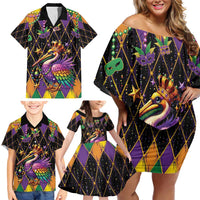 Pelican Mardi Gras Carnival Family Matching Off Shoulder Short Dress and Hawaiian Shirt Fat Tuesday - Wonder Print Shop