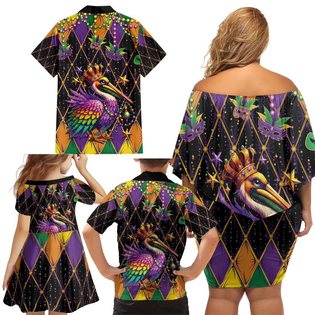 Pelican Mardi Gras Carnival Family Matching Off Shoulder Short Dress and Hawaiian Shirt Fat Tuesday - Wonder Print Shop